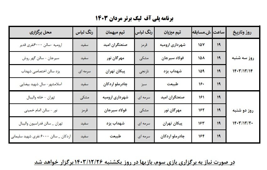 برنامه مرحله پلی آف لیگ برتر والیبال اعلام شد